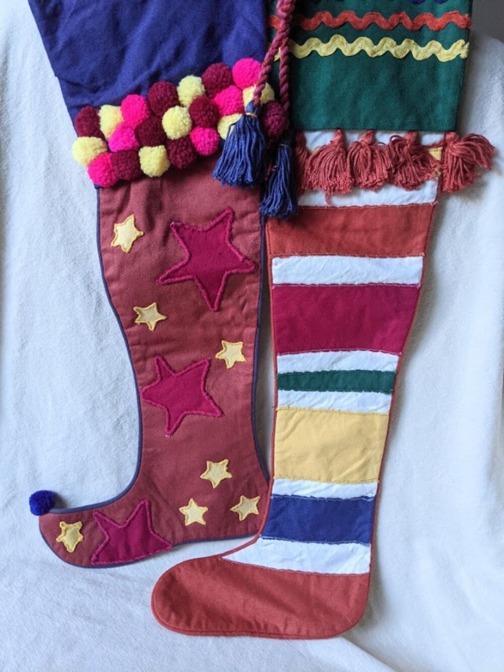Lot of 2 Crate & Barrel Christmas Stocking Pom Pom & Stripes Tassel 25" Lined
